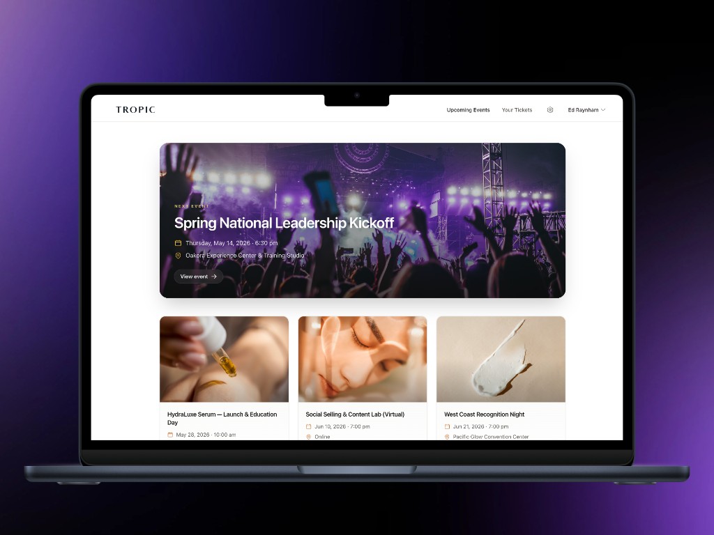 Laptop displaying an events hub with a large featured event card and a row of smaller upcoming event listings.